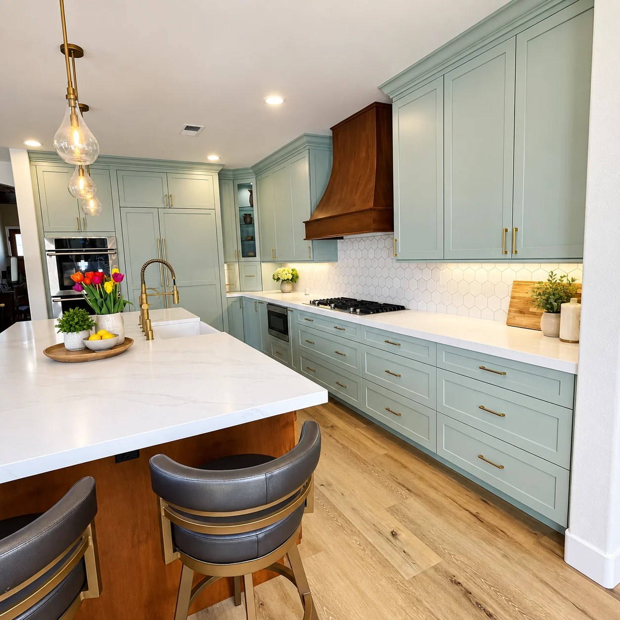 The Novak kitchen, with sage cabinetry and a white island; virtually staged