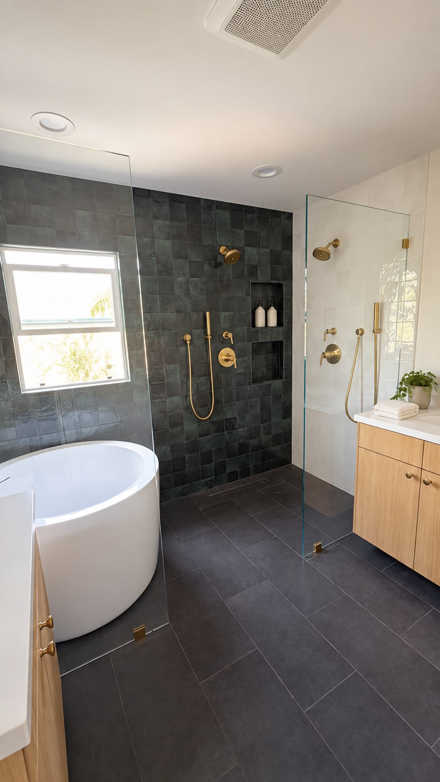 Tol bathroom with a freestanding tub, white oak vanity and brass fixtures; virtually staged