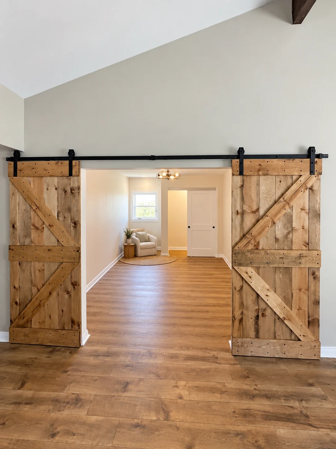 The Wheeler addition with timber sliding doors and new living space; virtually staged