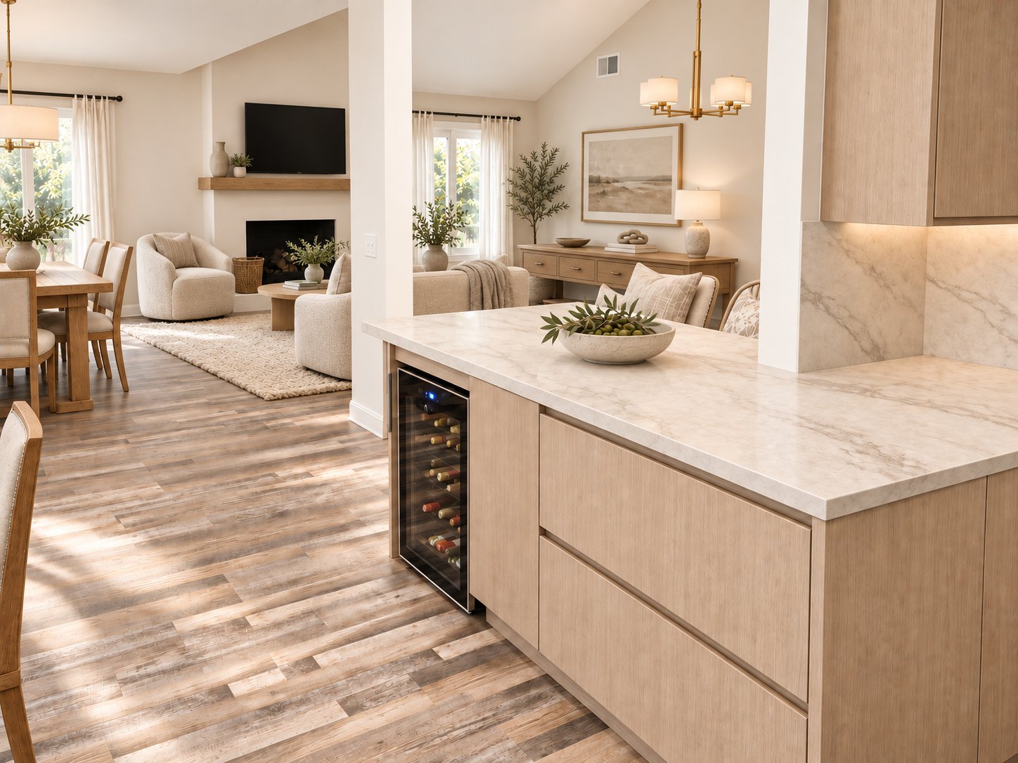 White-oak cabinetry, stone-look countertop, Alabaster walls and a modern fireplace — remodeling design concept